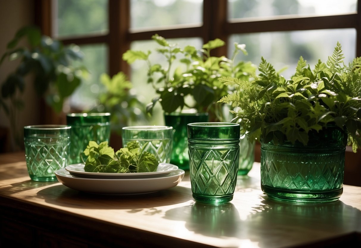 A table adorned with vintage green glassware, complemented by lush green plants and natural light streaming in through the window