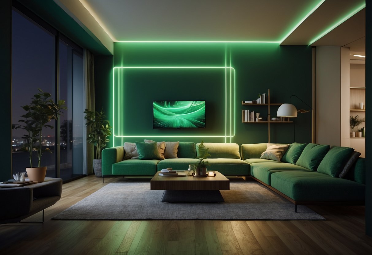 A living room with LED light strips in green hues, accenting shelves, and framing doorways for a modern and vibrant home decor idea