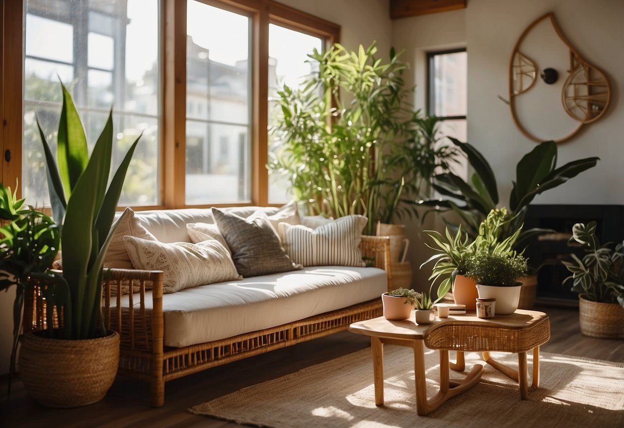 A living room with potted plants, bamboo furniture, and organic cotton throw pillows. Sunlight streams in through energy-efficient windows