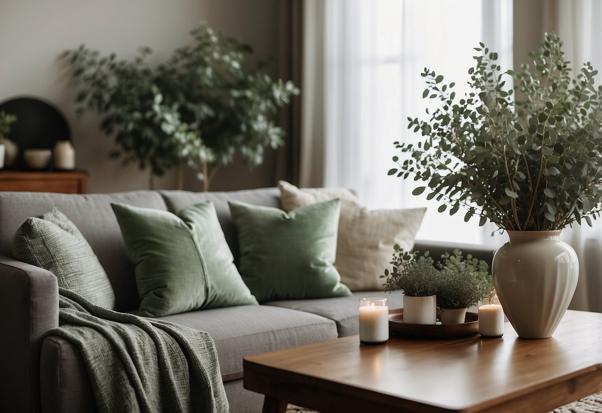 A cozy living room with sage green throw pillows, curtains, and a matching area rug. A vase of fresh eucalyptus sits on a wooden coffee table