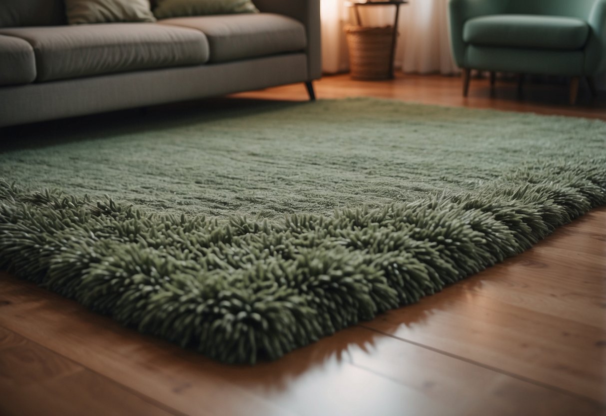 A vintage sage green rug lies in a cozy living room, complementing the earthy decor