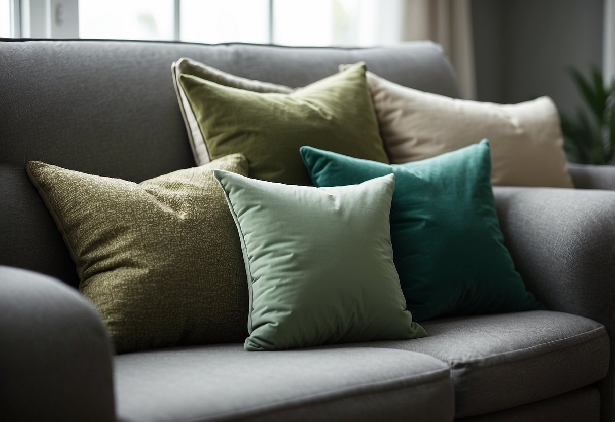 Sage green throw pillows arranged on a cozy sofa, complementing the neutral tones of the room