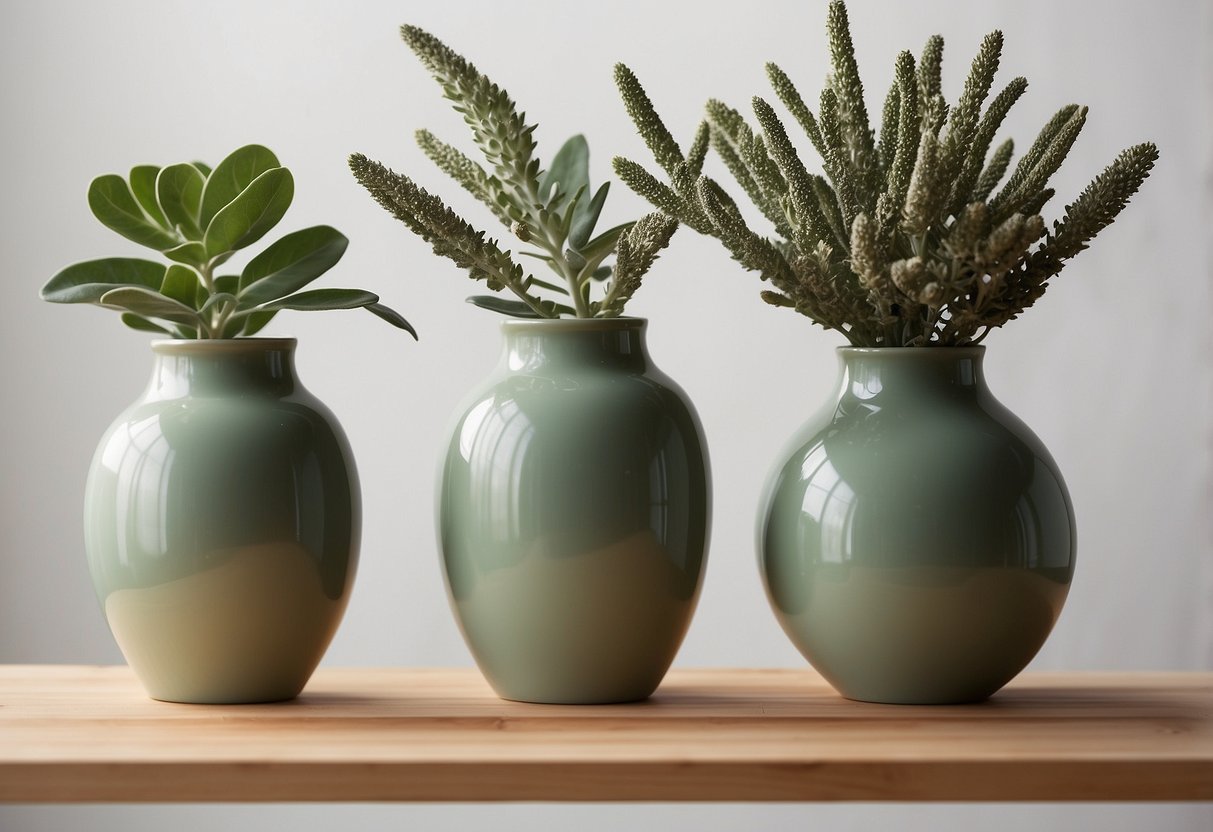 Three ceramic sage green vases arranged on a wooden shelf against a white wall, with natural light streaming in from a nearby window