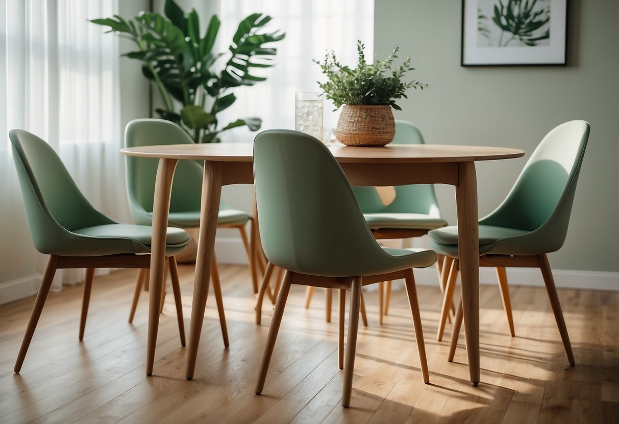 Sage green dining chairs surround a sleek wooden table, complemented by a soft, neutral-toned rug and a cascading plant in the corner