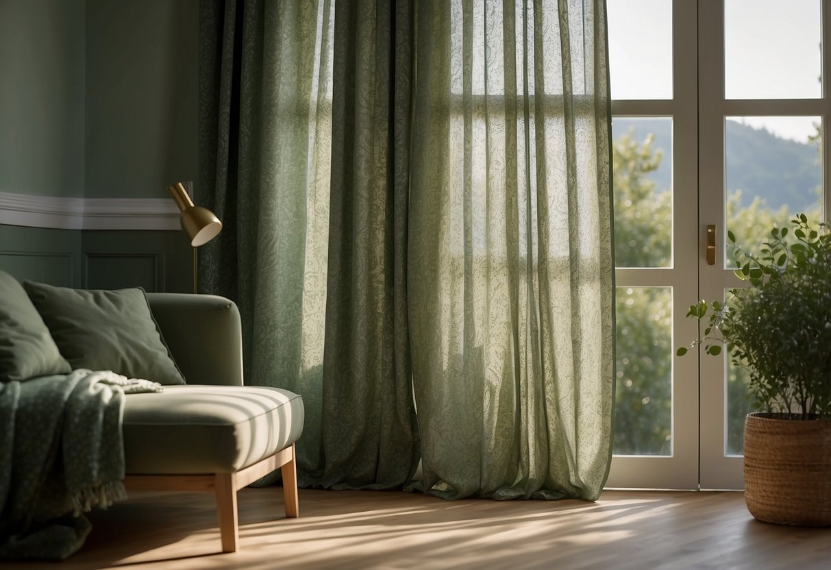 Floral sage green curtains hang elegantly in a sunlit room, adding a touch of nature to the home decor