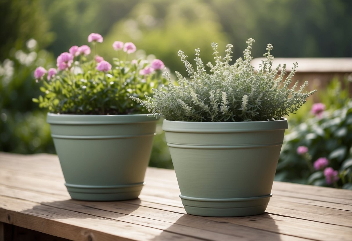 Two sage green outdoor planters sit on a wooden deck, surrounded by lush greenery and flowers. The soft color complements the natural surroundings, creating a serene and inviting atmosphere