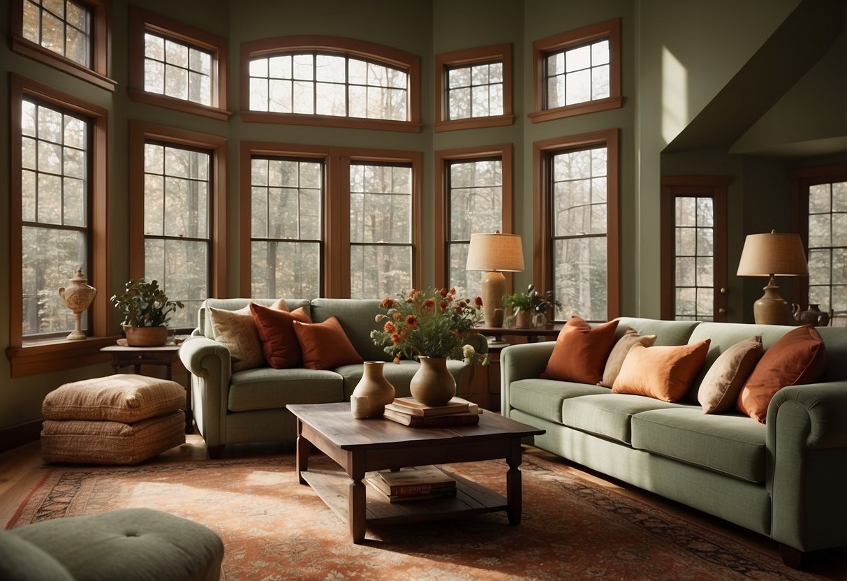 A cozy living room with sage green walls, cream-colored furniture, and accents of burnt orange and deep red. A large window lets in natural light, illuminating the complementary color palette