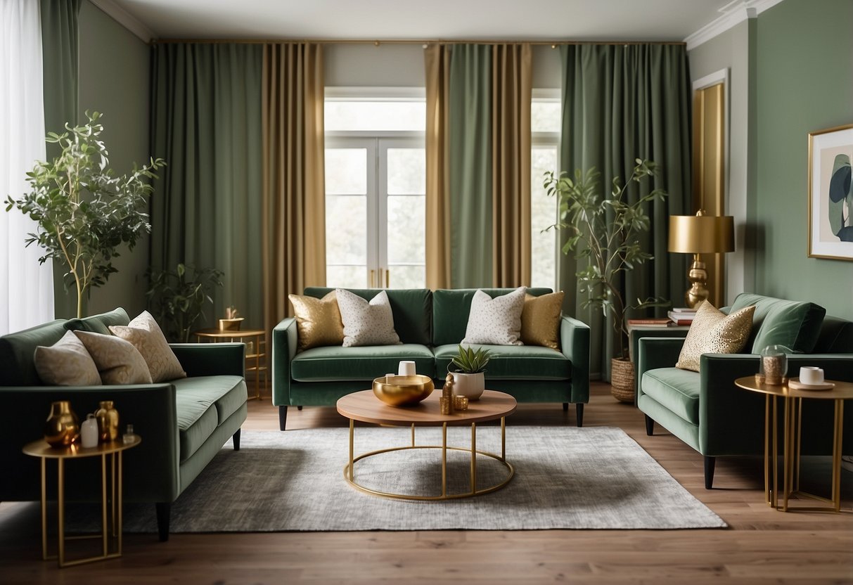 A cozy living room with sage green furniture, throw pillows, and curtains. Accented with gold and wood accessories for a warm and inviting atmosphere