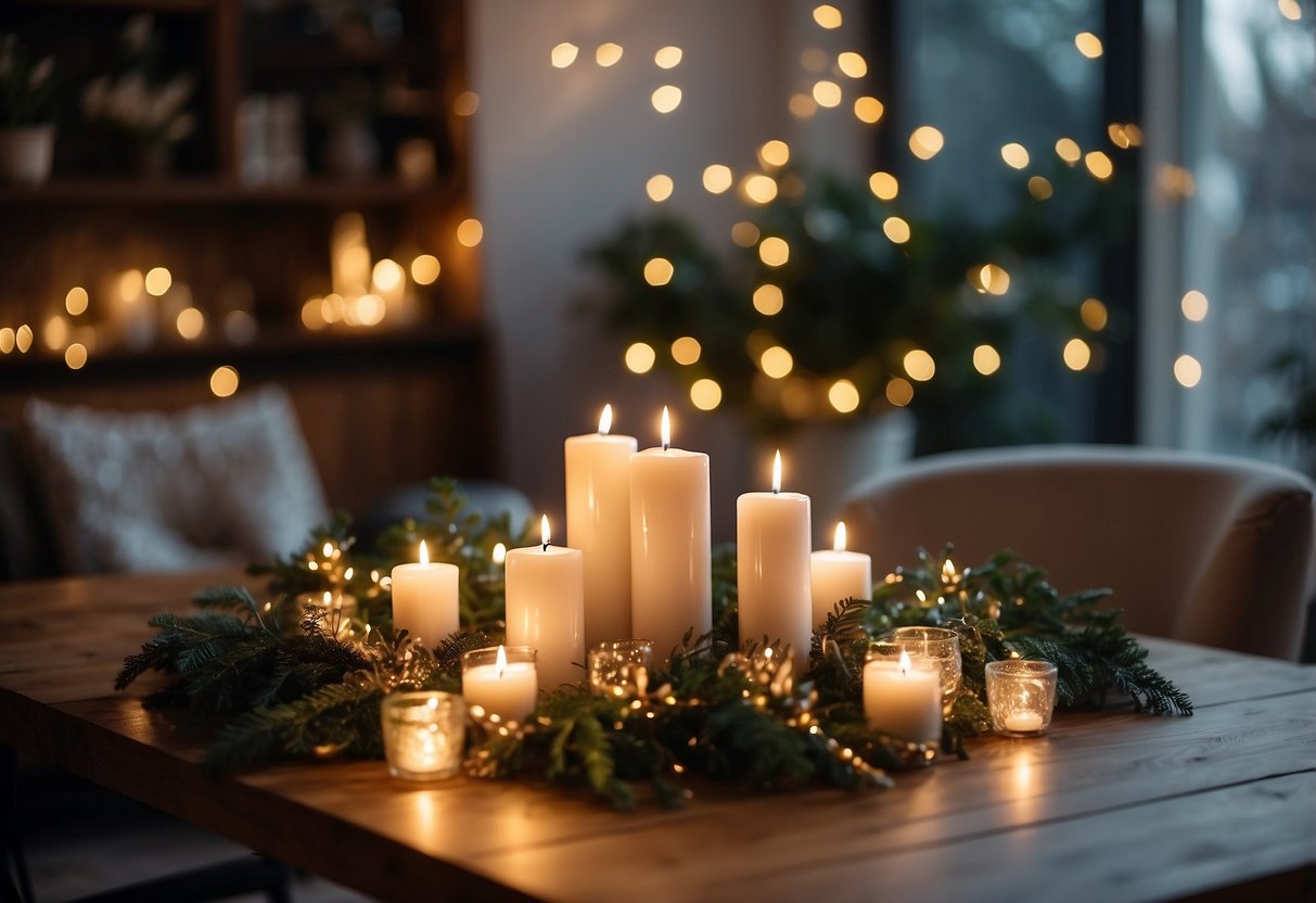 A cozy living room with fairy lights, a glittering New Year's banner, and a festive table centerpiece of candles and greenery