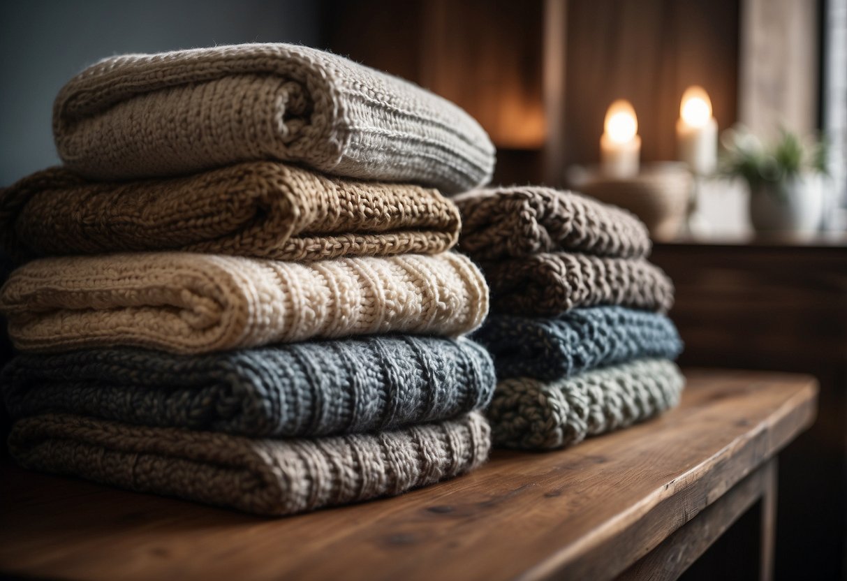 A stack of cozy knitted throw blankets draped over a rustic wooden ladder, adding warmth and charm to a living room