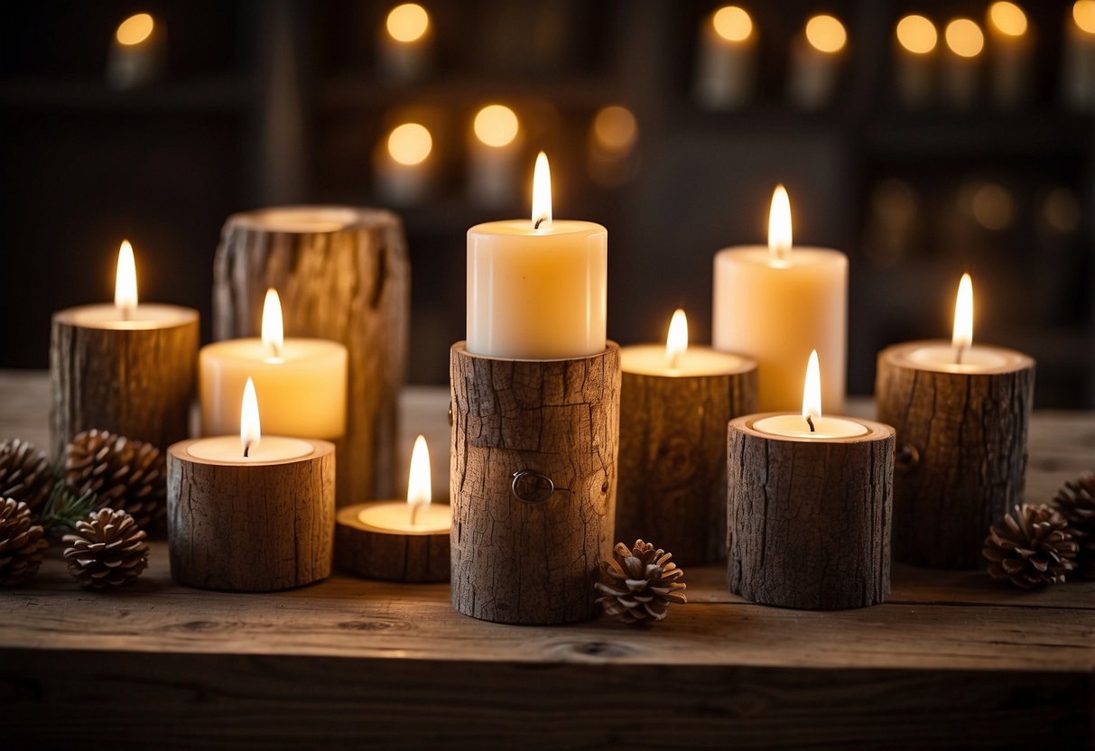 Rustic wooden candle holders arranged on a farmhouse table with flickering candles casting a warm glow, creating a cozy and inviting atmosphere for a New Year's celebration