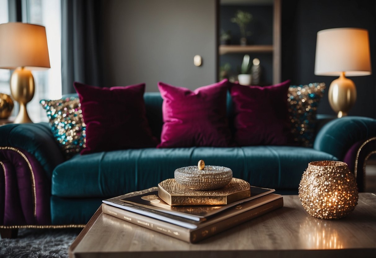 A cozy living room adorned with luxurious velvet cushion covers in rich jewel tones, adding a touch of elegance to the New Year home decor