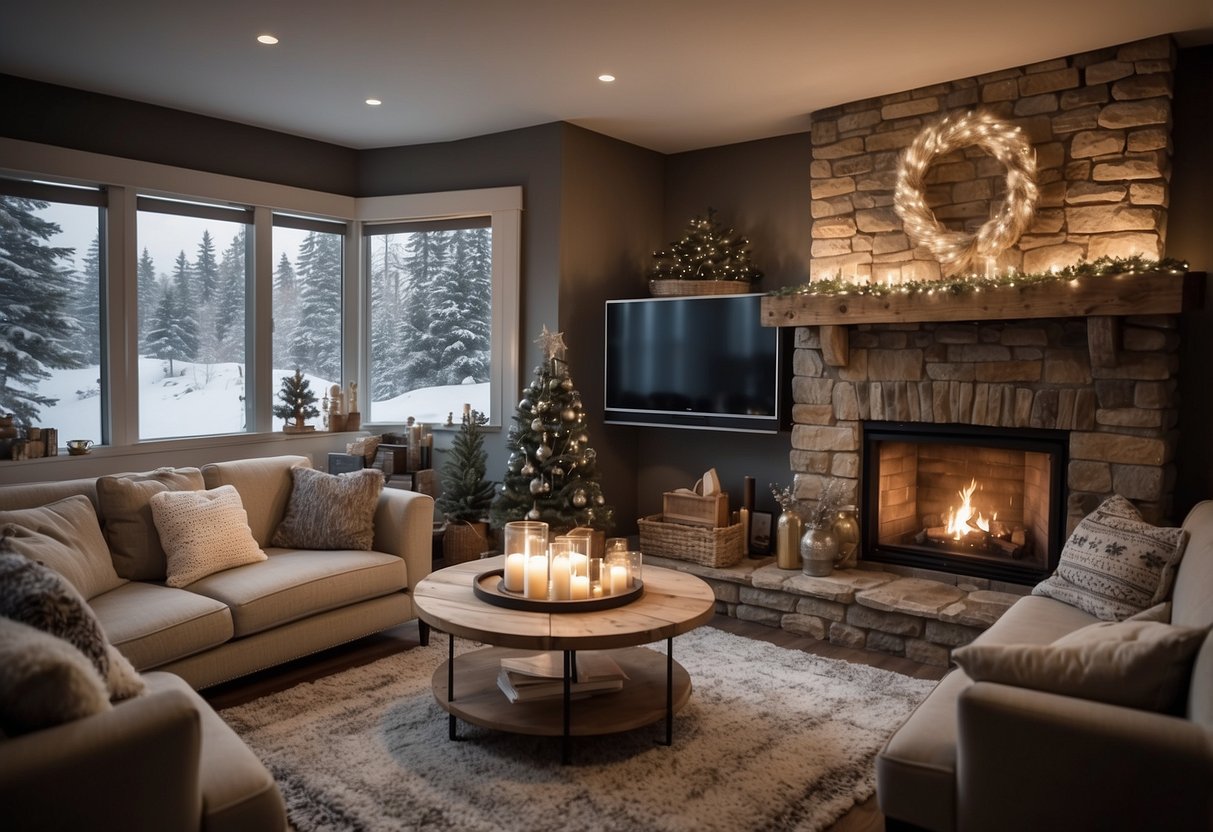 A cozy living room with a rustic fireplace, adorned with vintage-inspired wall art and festive New Year's decorations