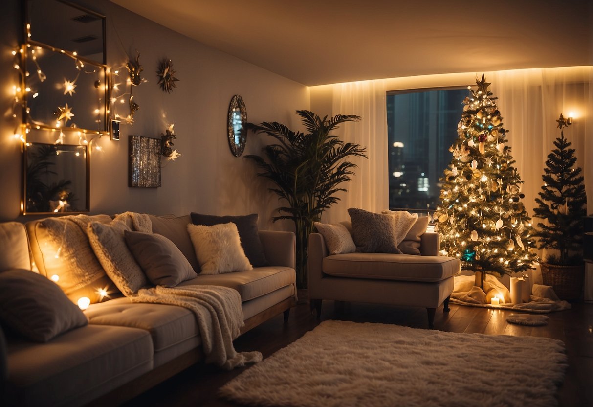 A living room with a variety of decorative mirrors hung on the walls, reflecting the warm glow of string lights and festive New Year's decorations