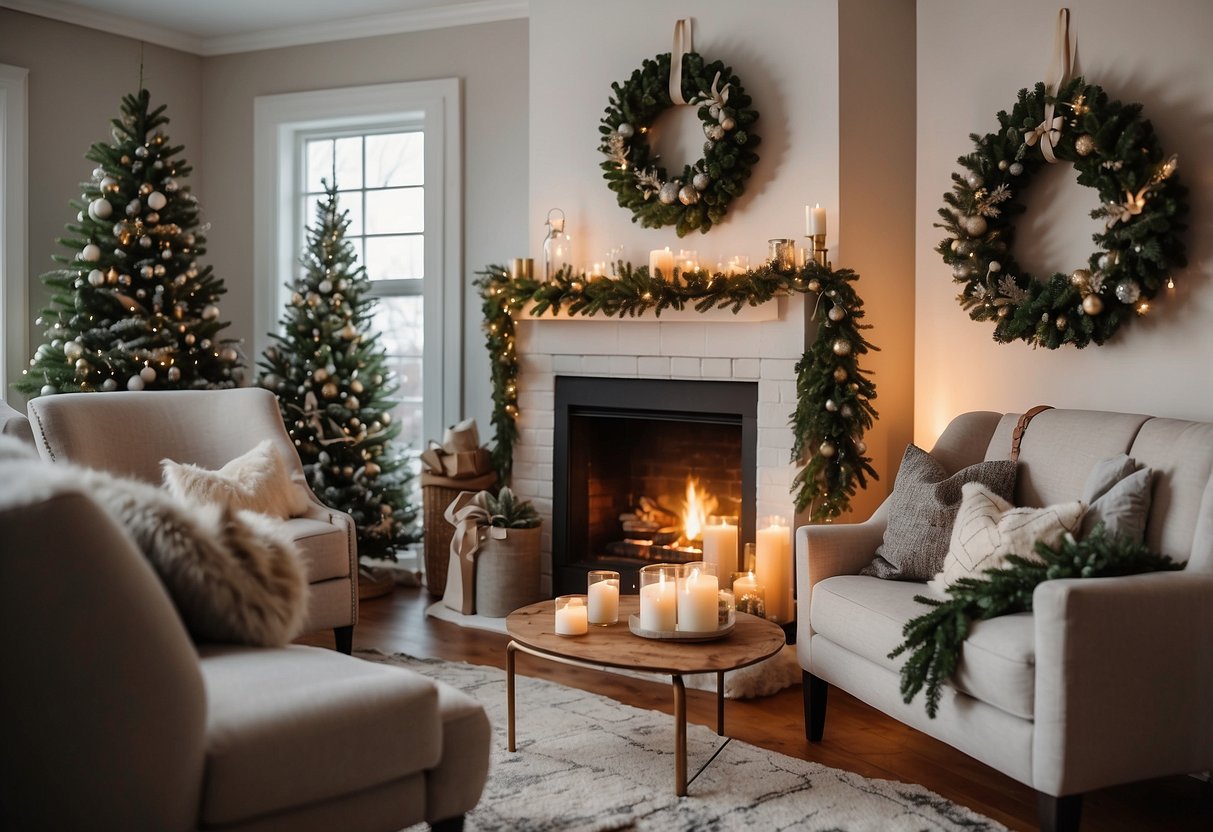 A cozy living room with a fireplace adorned with winter greenery, twinkling lights, and festive ornaments. A wreath hangs on the door, and a table is set with a seasonal centerpiece