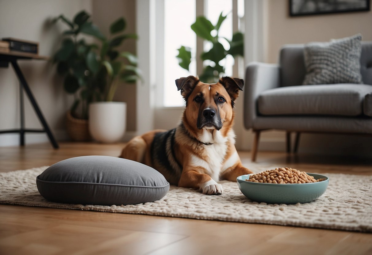 A cozy living room with a large, plush dog bed in the corner. A stylish dog feeding station with matching bowls sits next to a trendy area rug. A gallery wall displays framed photos of adorable dogs