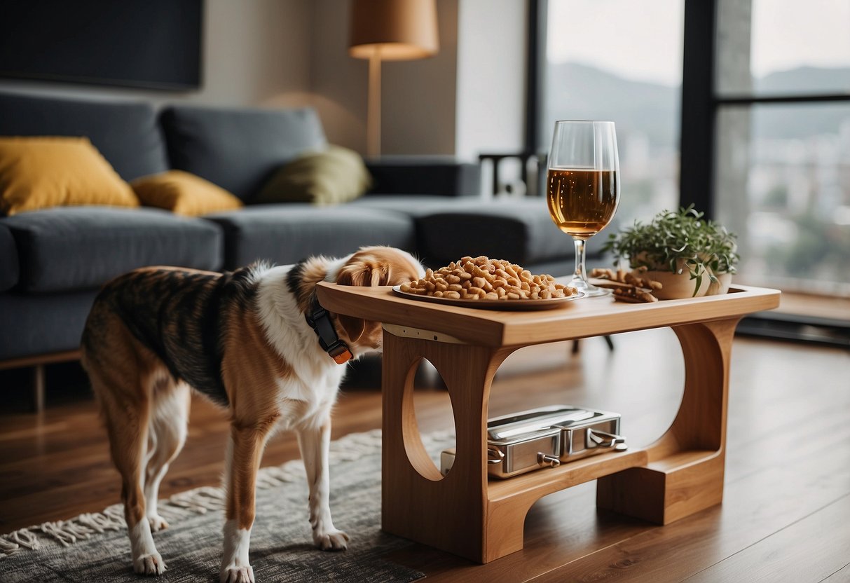 A modern, elevated feeding station for dogs, nestled in a stylish home with trendy decor