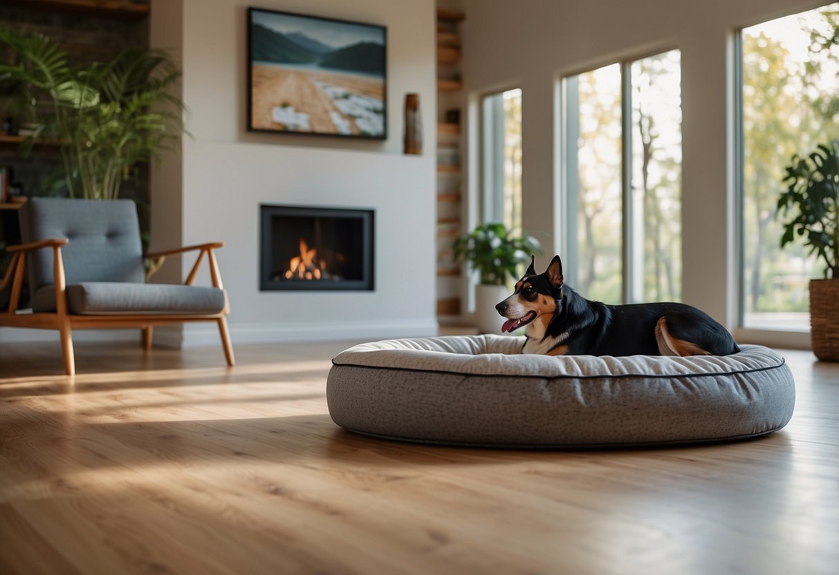 A spacious living room with scratch-resistant flooring, adorned with dog-friendly home decor such as cozy pet beds, durable furniture, and non-toxic plants