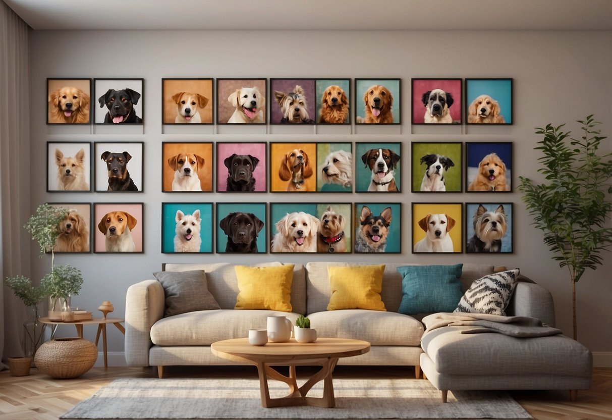 A colorful collage of dog-themed wall art adorns the walls of a cozy, dog-friendly home, featuring playful illustrations of various dog breeds and paw prints