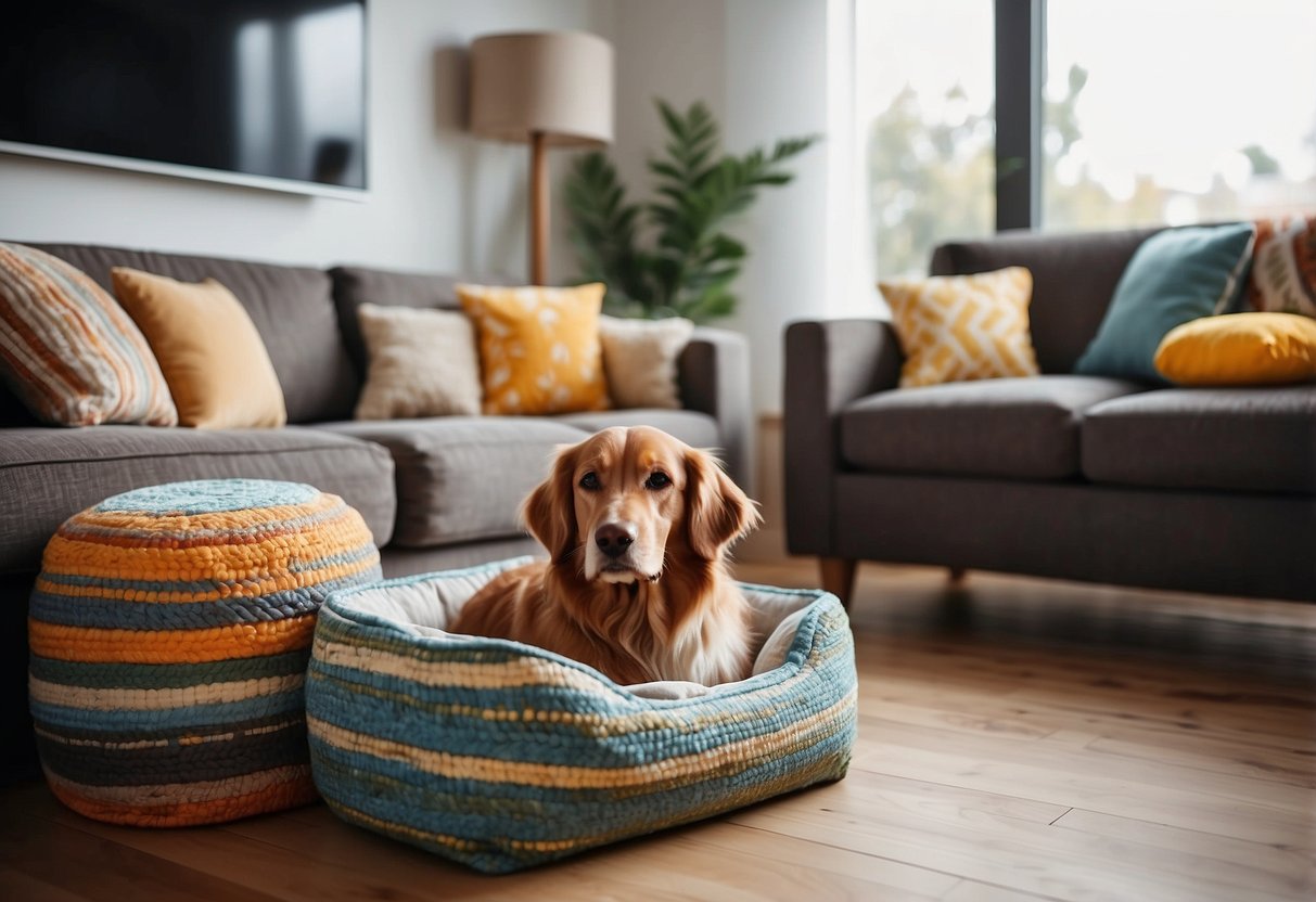 A cozy living room with colorful toy storage baskets neatly arranged next to a dog bed. The room is decorated with dog-friendly home decor, including pet-friendly fabrics and durable materials