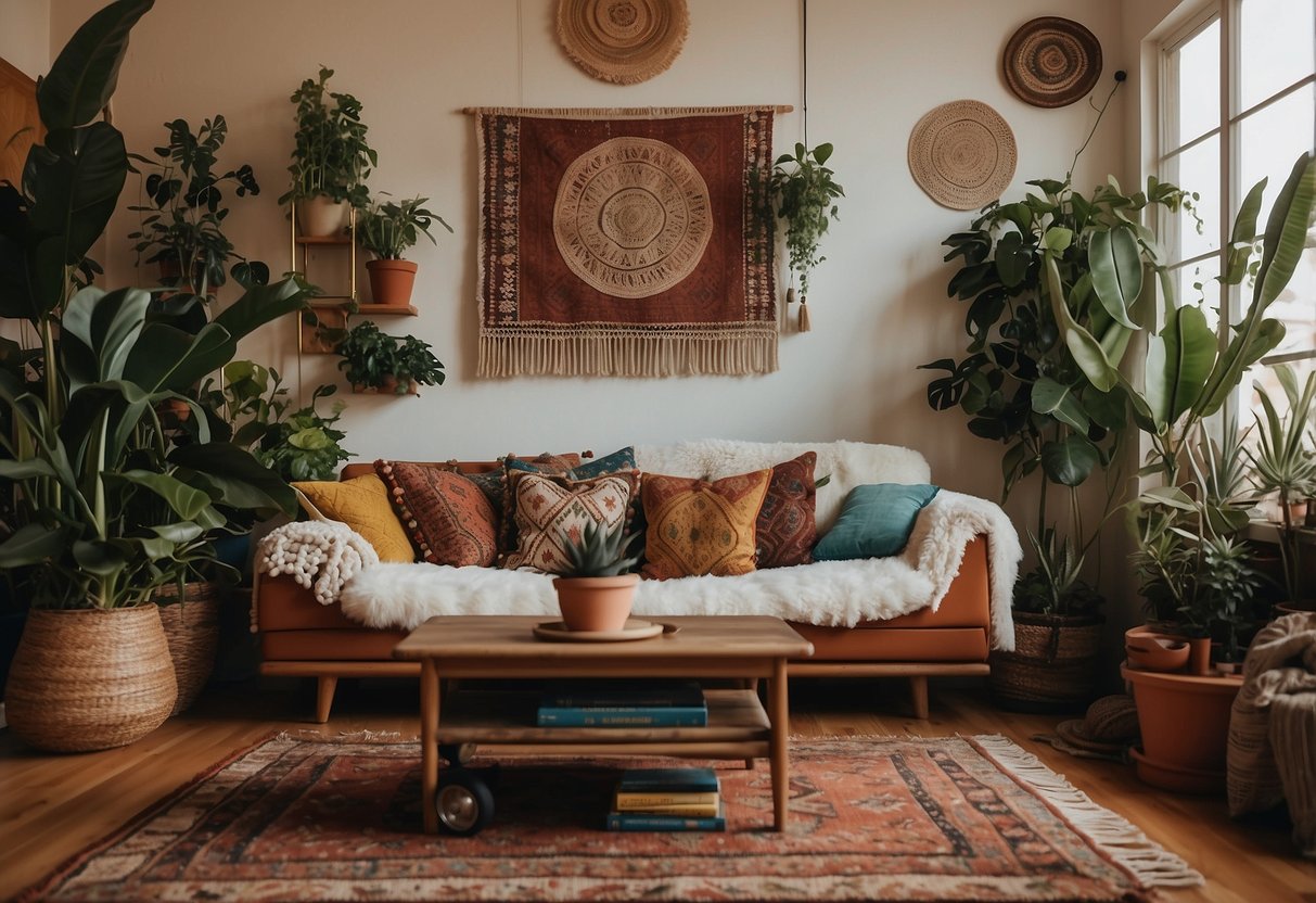 A cozy living room with colorful tapestries, floor pillows, and hanging plants. A vintage record player sits on a wooden coffee table, surrounded by bohemian artwork and macrame wall hangings