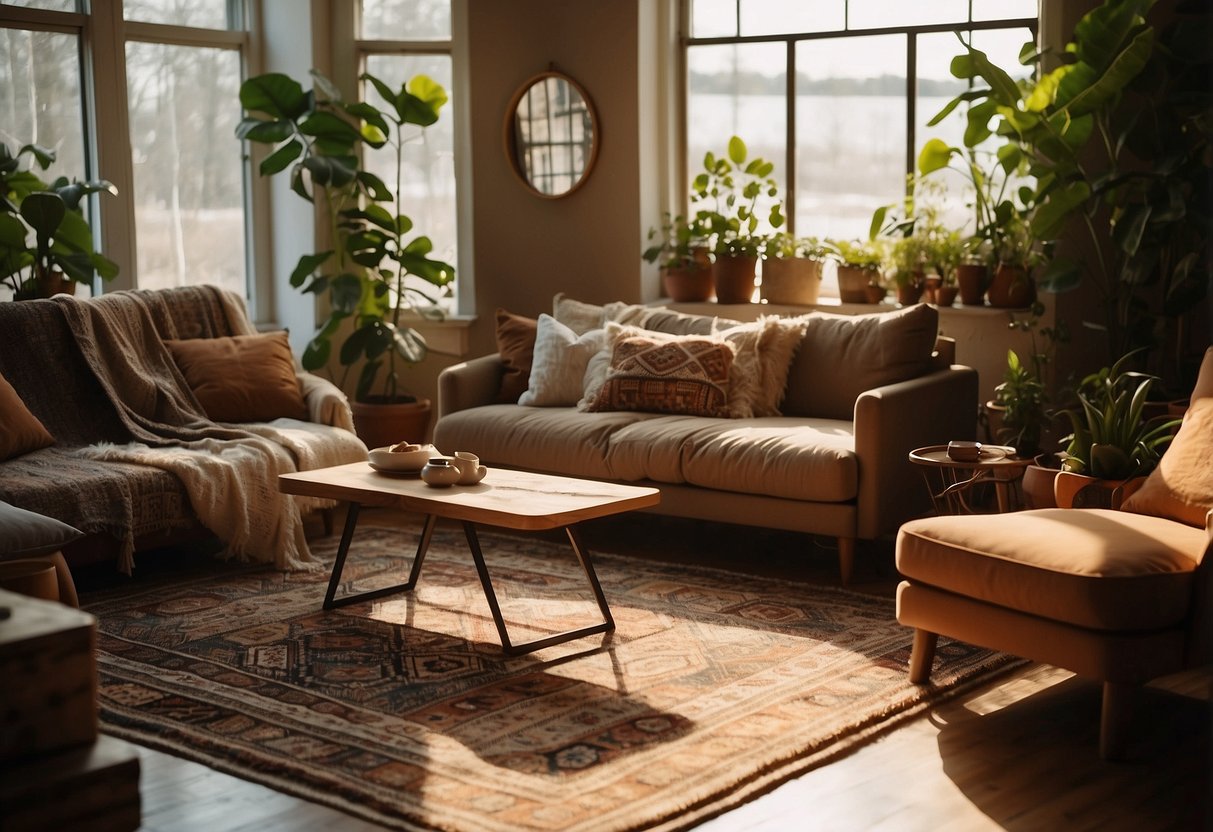 A cozy living room with vintage bohemian rugs in warm earth tones, paired with eclectic furniture and plants. Sunlight streams in through the windows, casting a warm glow on the space