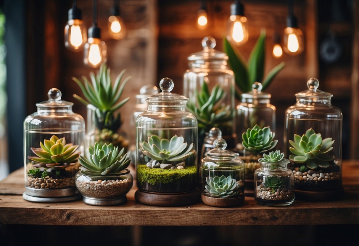 A collection of succulent plant terrariums arranged on a rustic wooden shelf, surrounded by bohemian decor such as dreamcatchers, macrame wall hangings, and colorful woven rugs