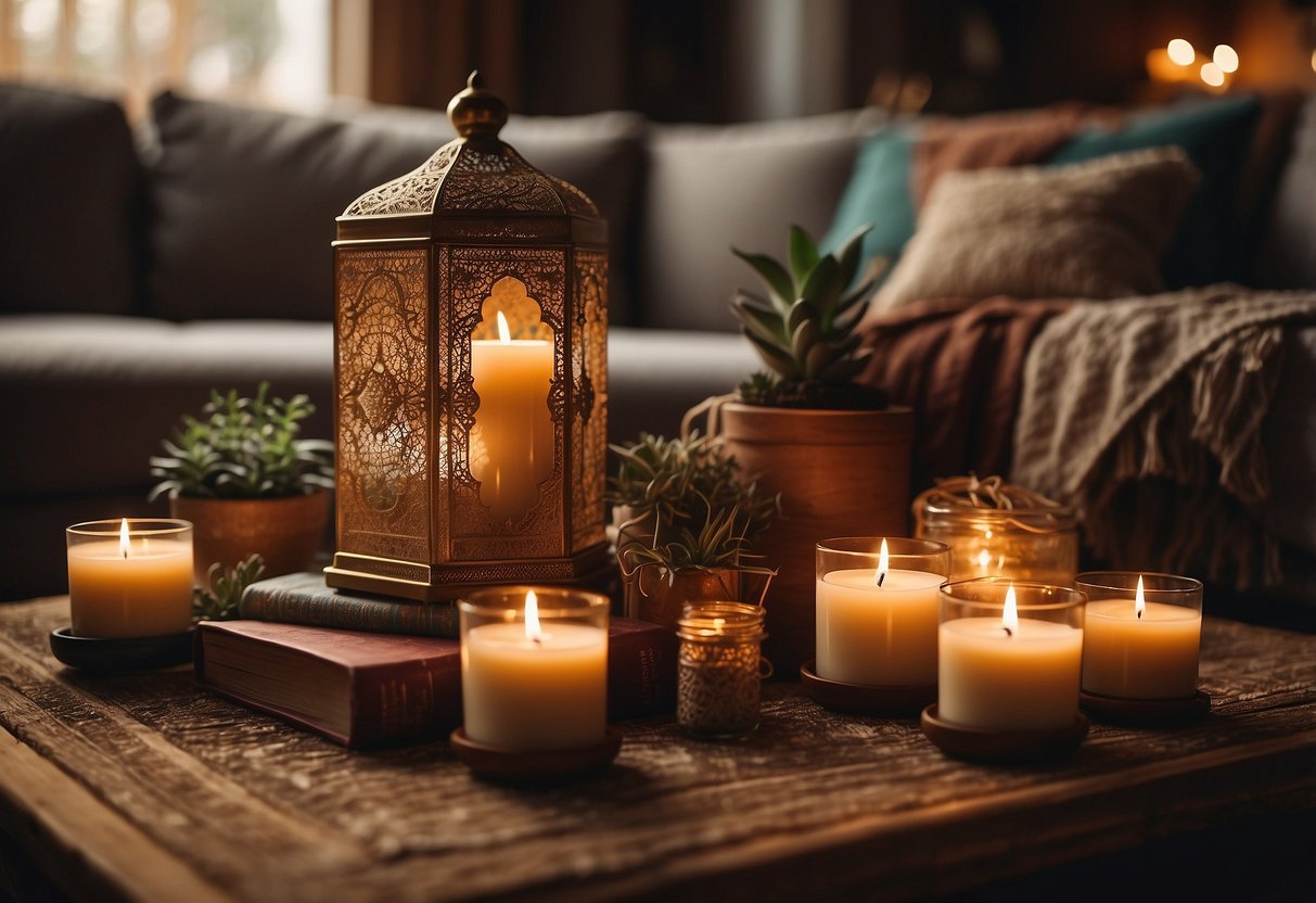 A cozy living room with patchouli scented candles, incense, and bohemian decor. Warm colors and natural materials create a peaceful, hippie-inspired atmosphere