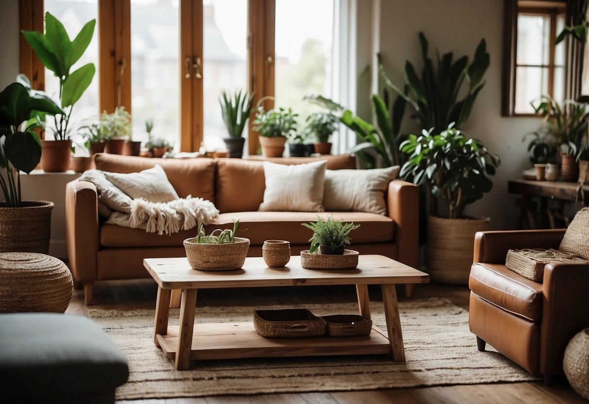 A cozy living room with earthy tones, wooden furniture, and natural fiber rugs. Plants and driftwood accents add to the bohemian vibe