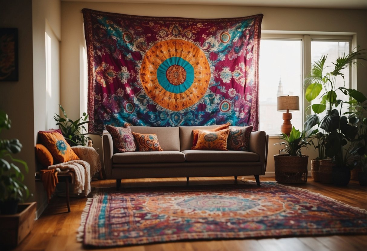 A living room with vibrant tie-dye tapestries, paisley throw pillows, and a mix of bold, earthy colors. Flower-shaped rugs and psychedelic wall art complete the bohemian vibe