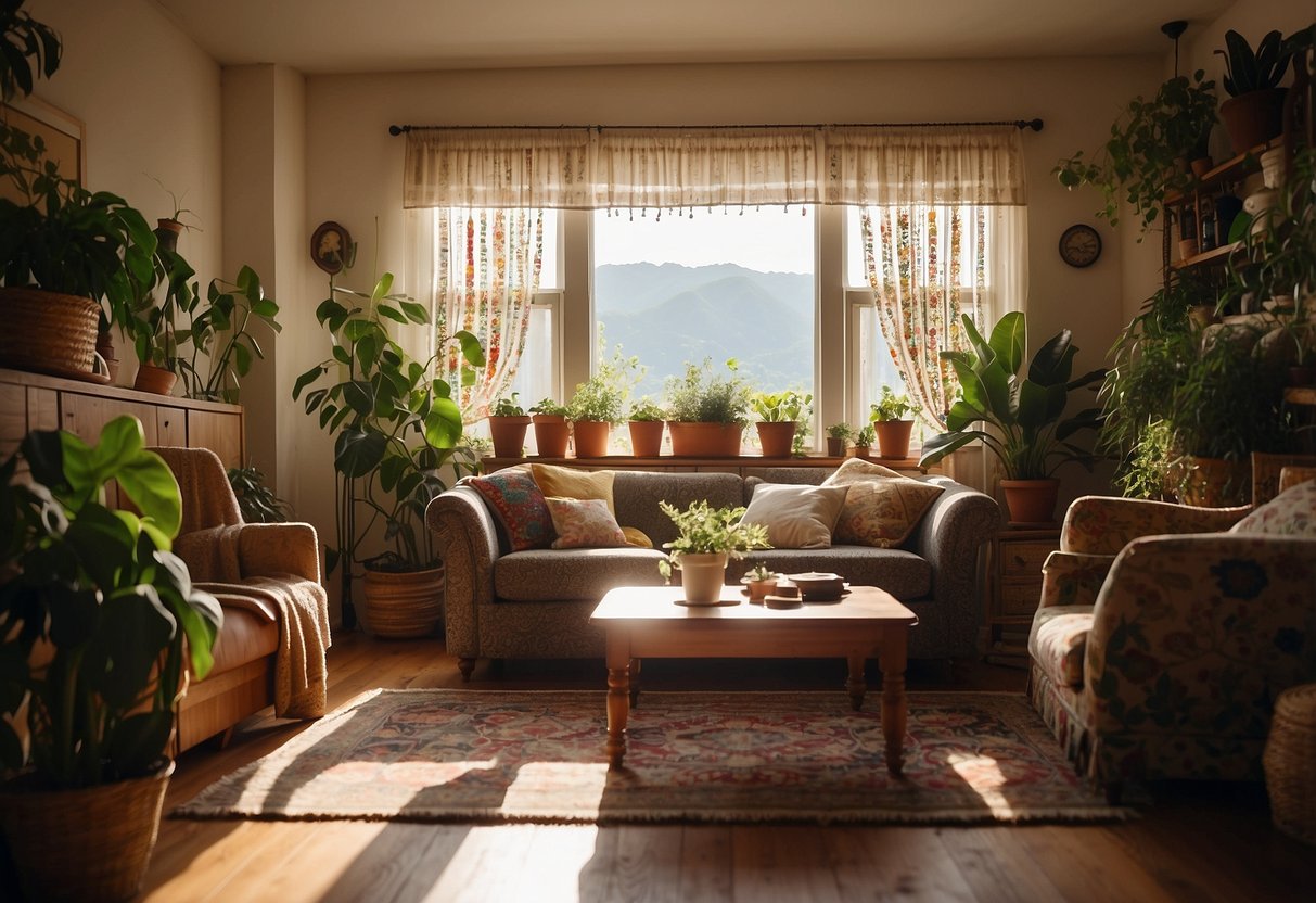 A cozy living room with colorful tapestries, hanging plants, and vintage furniture. Sunlight streams in through beaded curtains, casting a warm glow on the eclectic decor