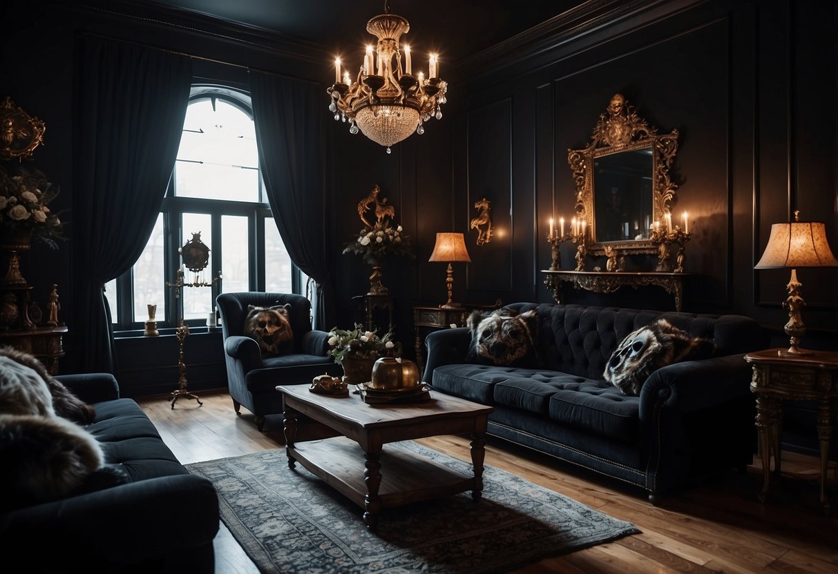 The room is dimly lit with black walls, a velvet sofa, and gothic chandeliers. Skull and taxidermy decor add a macabre touch