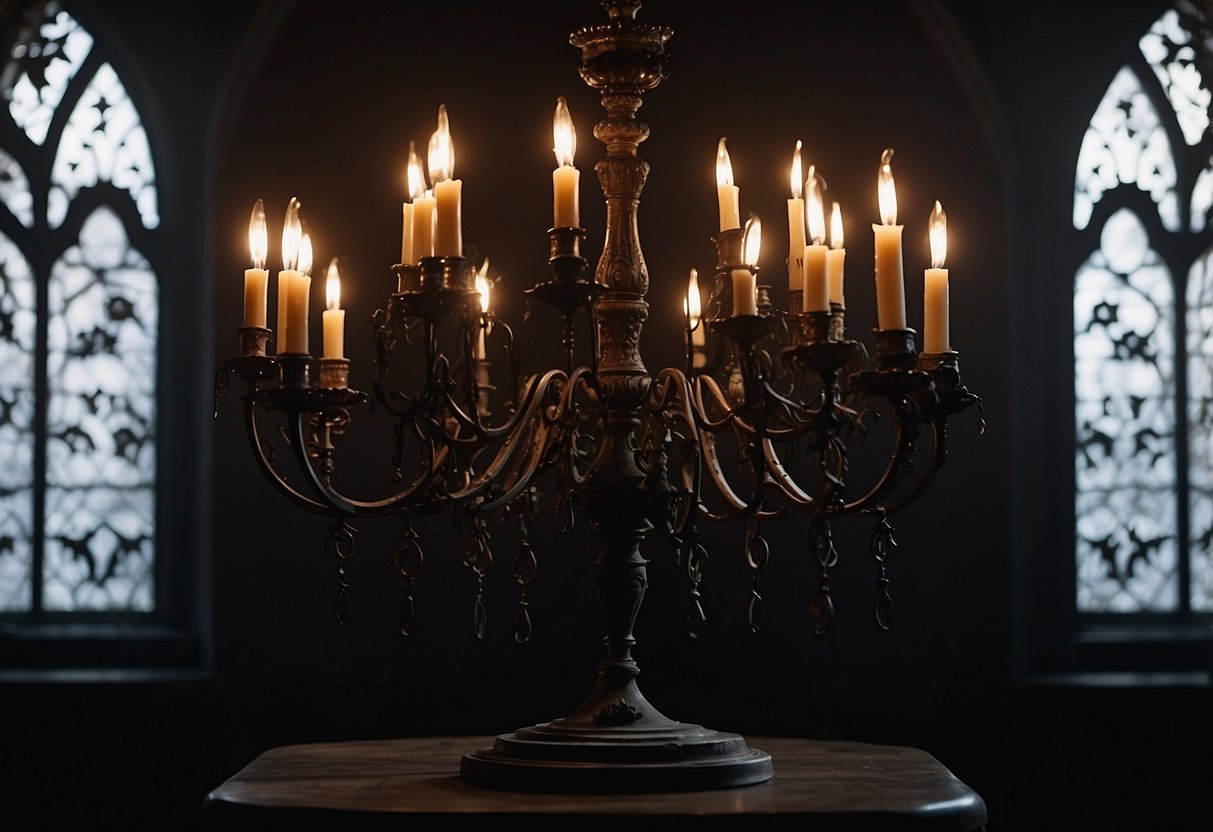 A dimly lit room adorned with gothic candelabras, casting eerie shadows on the walls and adding a haunting atmosphere to the dark home decor