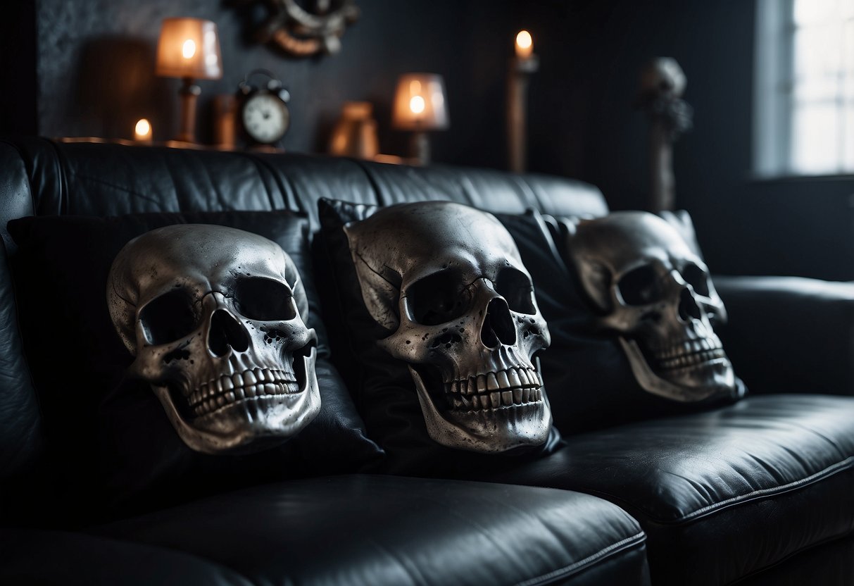 Dark room with skull throw pillows scattered on a black leather couch. Dim lighting casts eerie shadows, creating a gothic home decor vibe