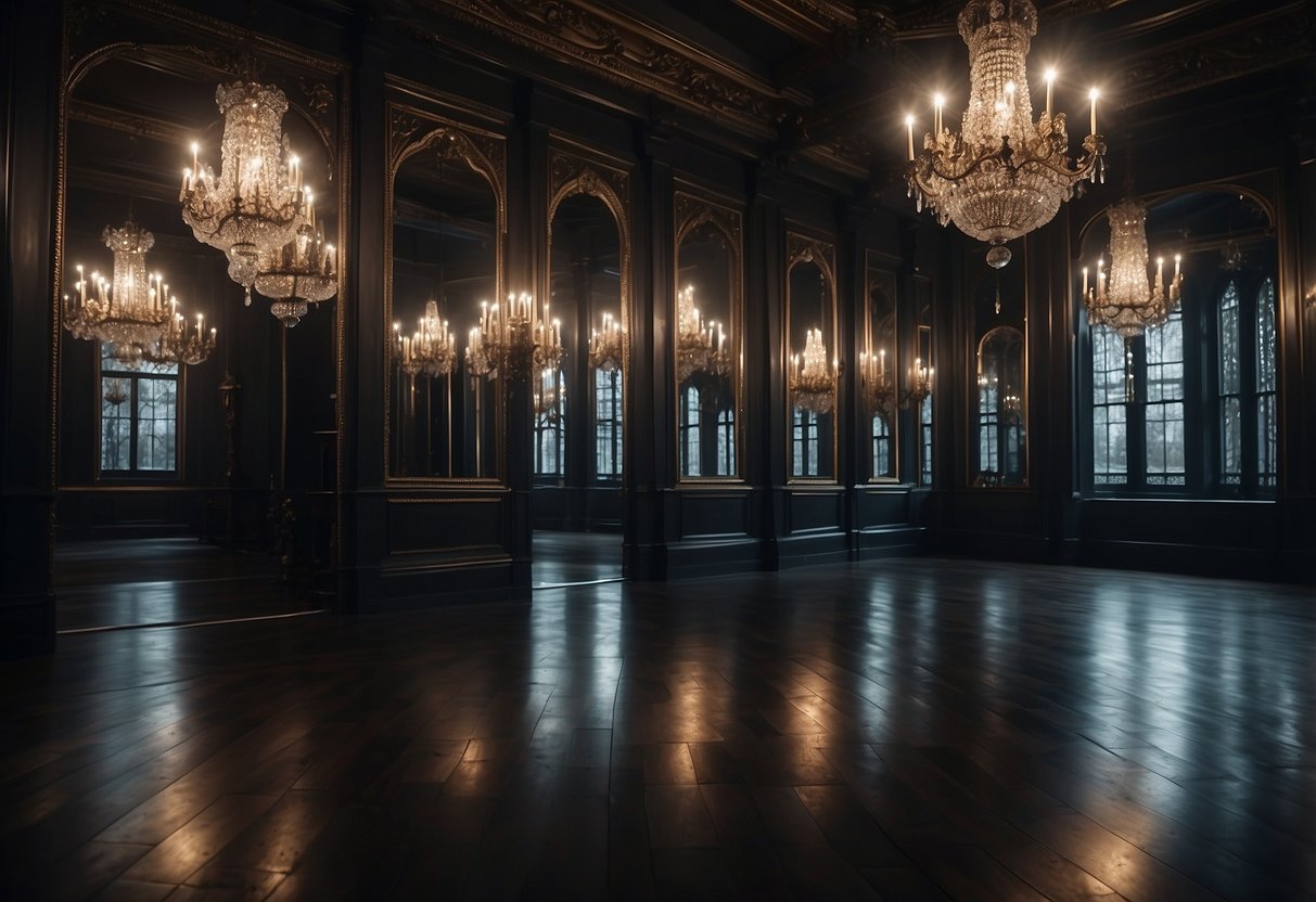 A dimly lit room with ornate, vintage gothic mirrors adorning the walls, casting eerie reflections