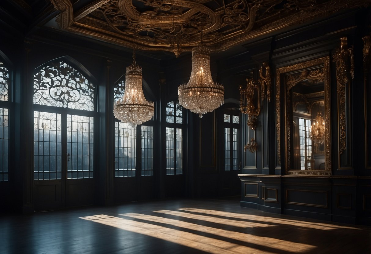 A dimly lit room with ornate wrought iron chandeliers hanging from the ceiling, casting intricate shadows against the dark walls