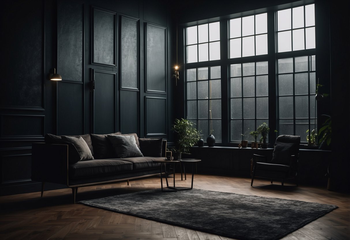 A dimly lit room with abstract paintings hanging on the walls, casting eerie shadows in a dark and moody home decor setting