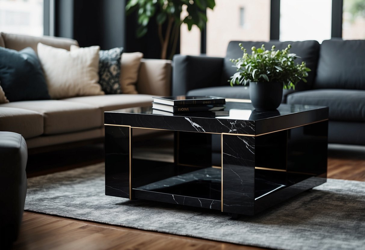 A sleek black marble coffee table sits in a dimly lit room, surrounded by dark home decor accents