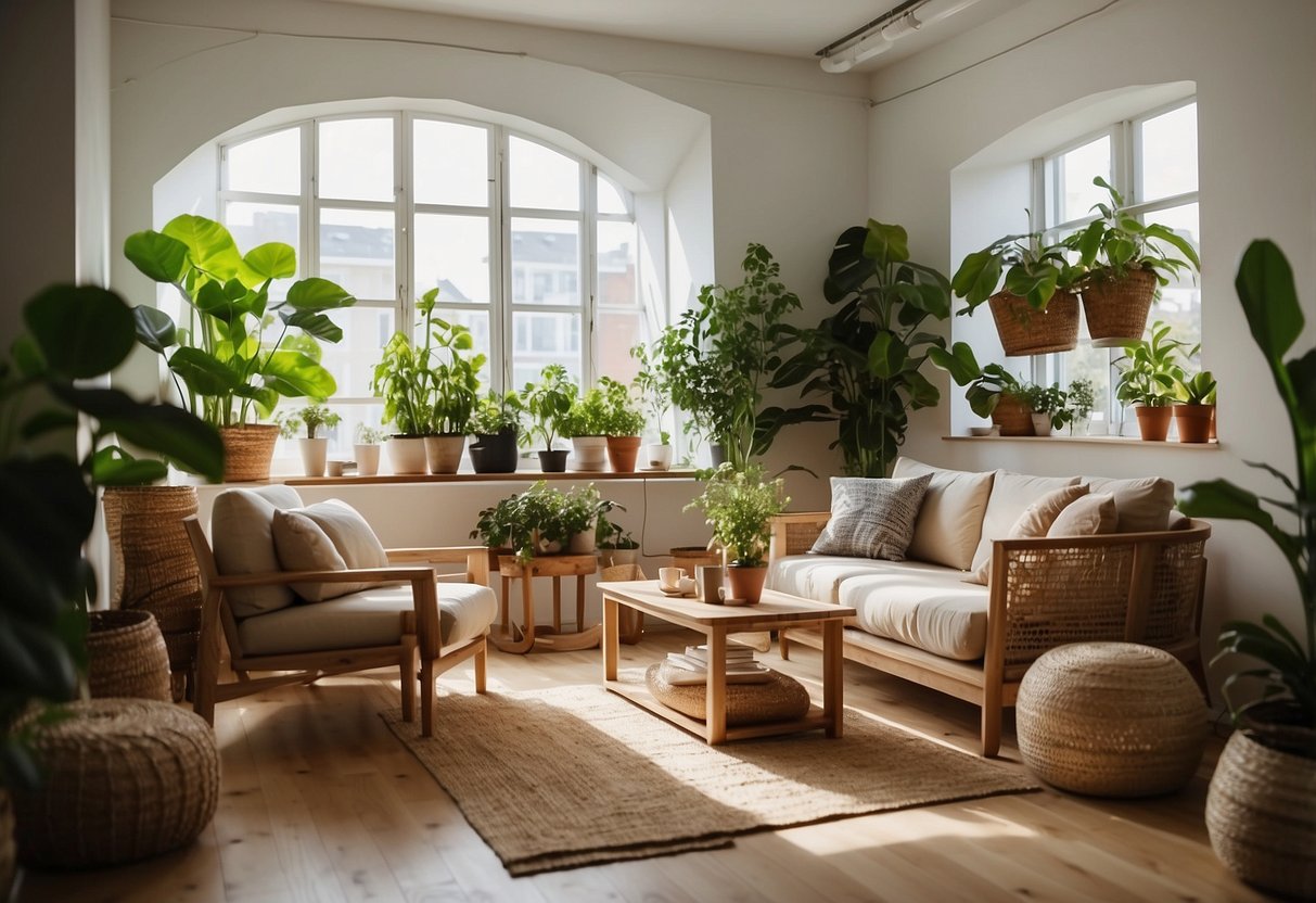 A cozy living room with sustainable furniture, potted plants, and natural fiber textiles. LED lighting and upcycled decor complete the eco-friendly ambiance