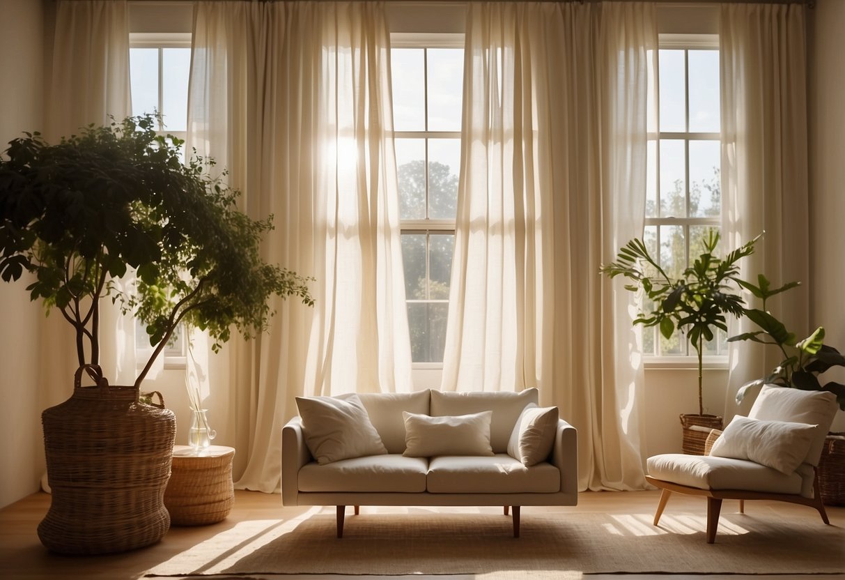 A sunlit room with billowing organic cotton curtains, gently swaying in the breeze, creating a serene and eco-friendly home decor ambiance