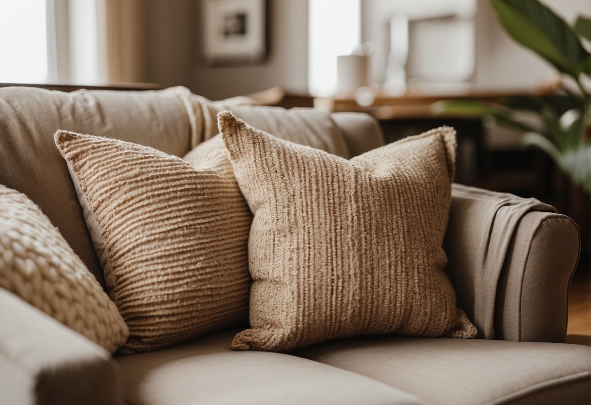 A cozy living room with earthy tones and natural textures. Hemp throw pillows are scattered on a neutral-colored sofa, adding a touch of eco-friendly home decor