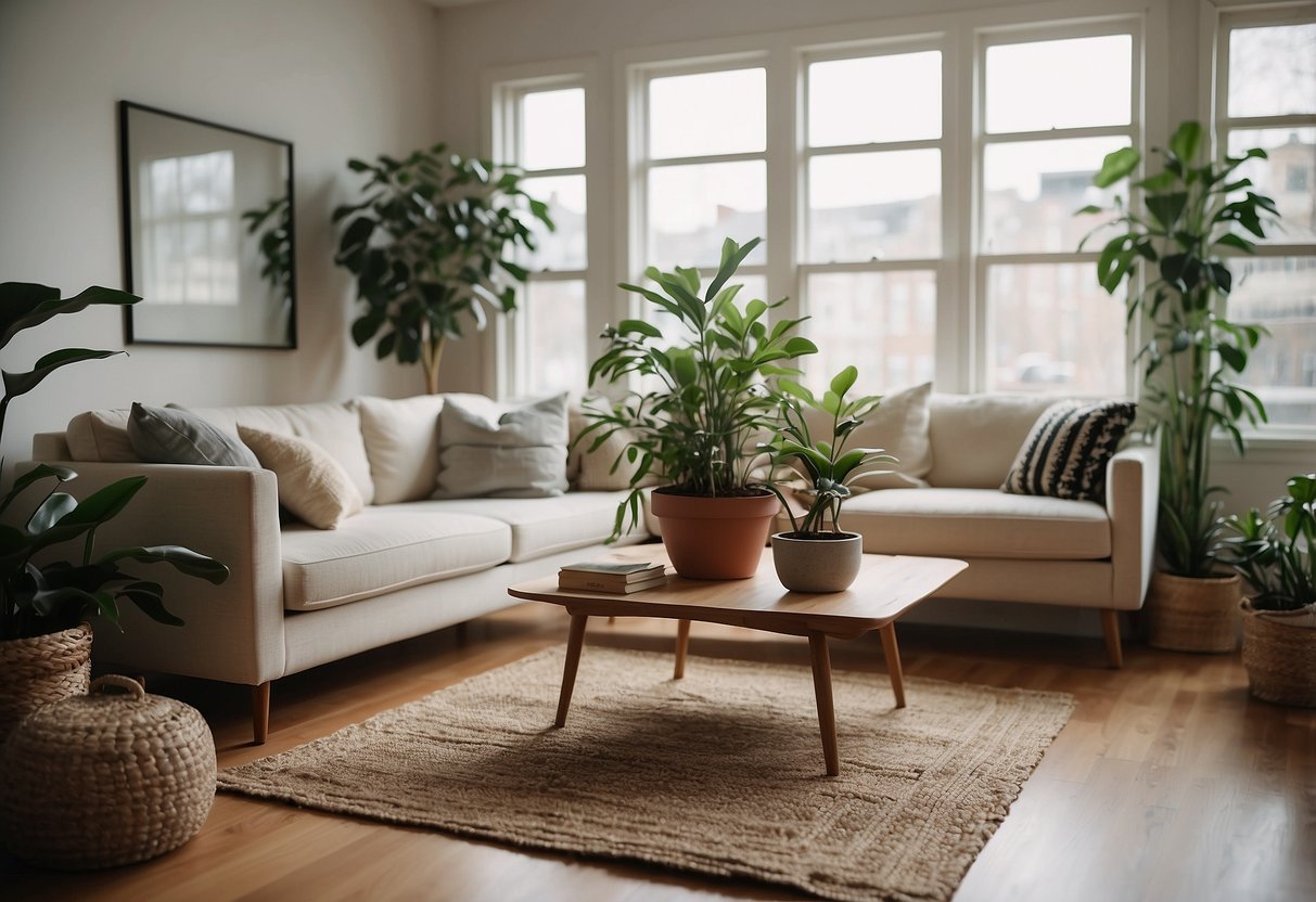 A cozy living room with a natural fiber rug, surrounded by potted plants and sustainable decor