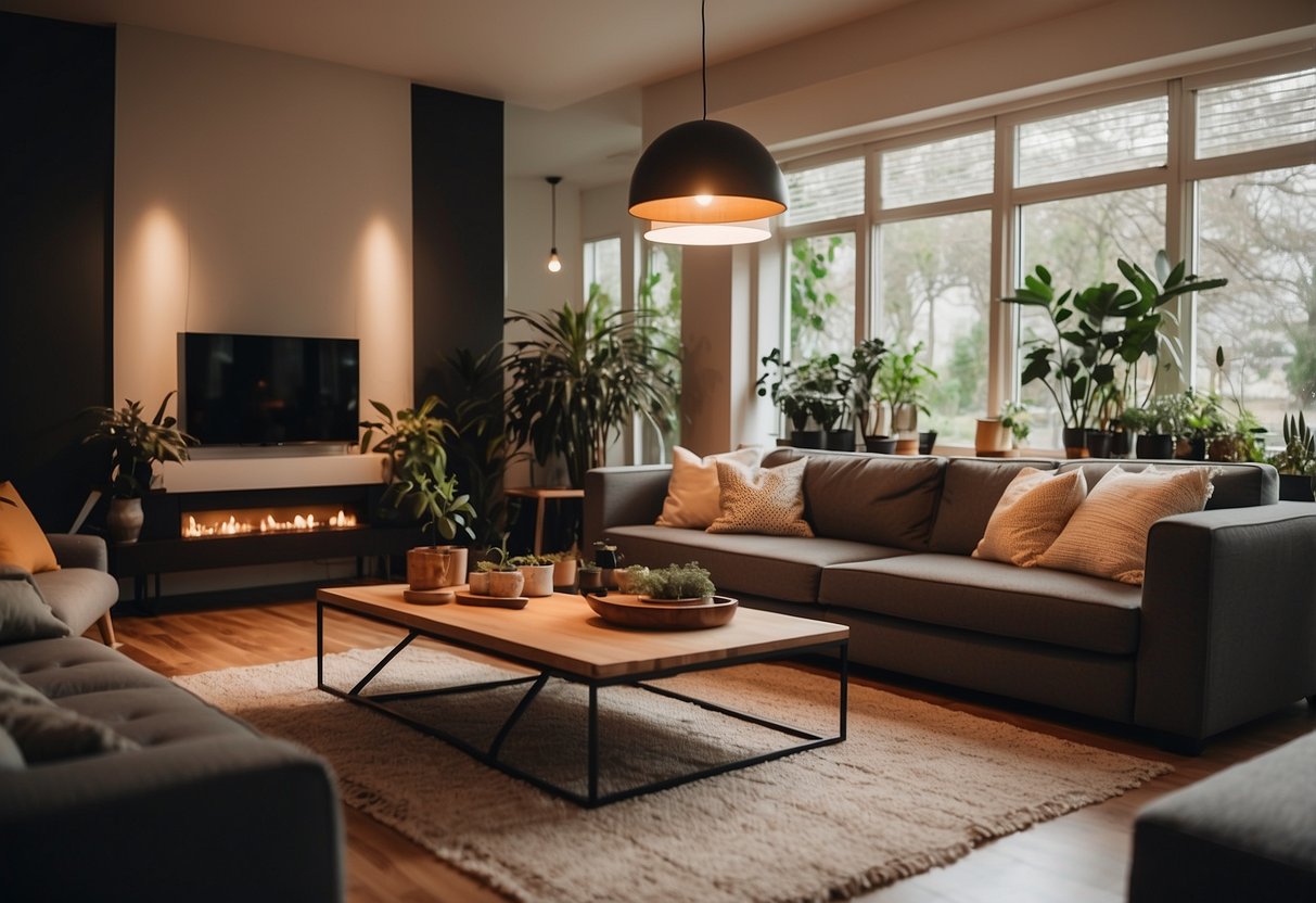 A cozy living room with warm lighting from energy-efficient LED bulbs, surrounded by eco-friendly home decor such as plants and sustainable materials