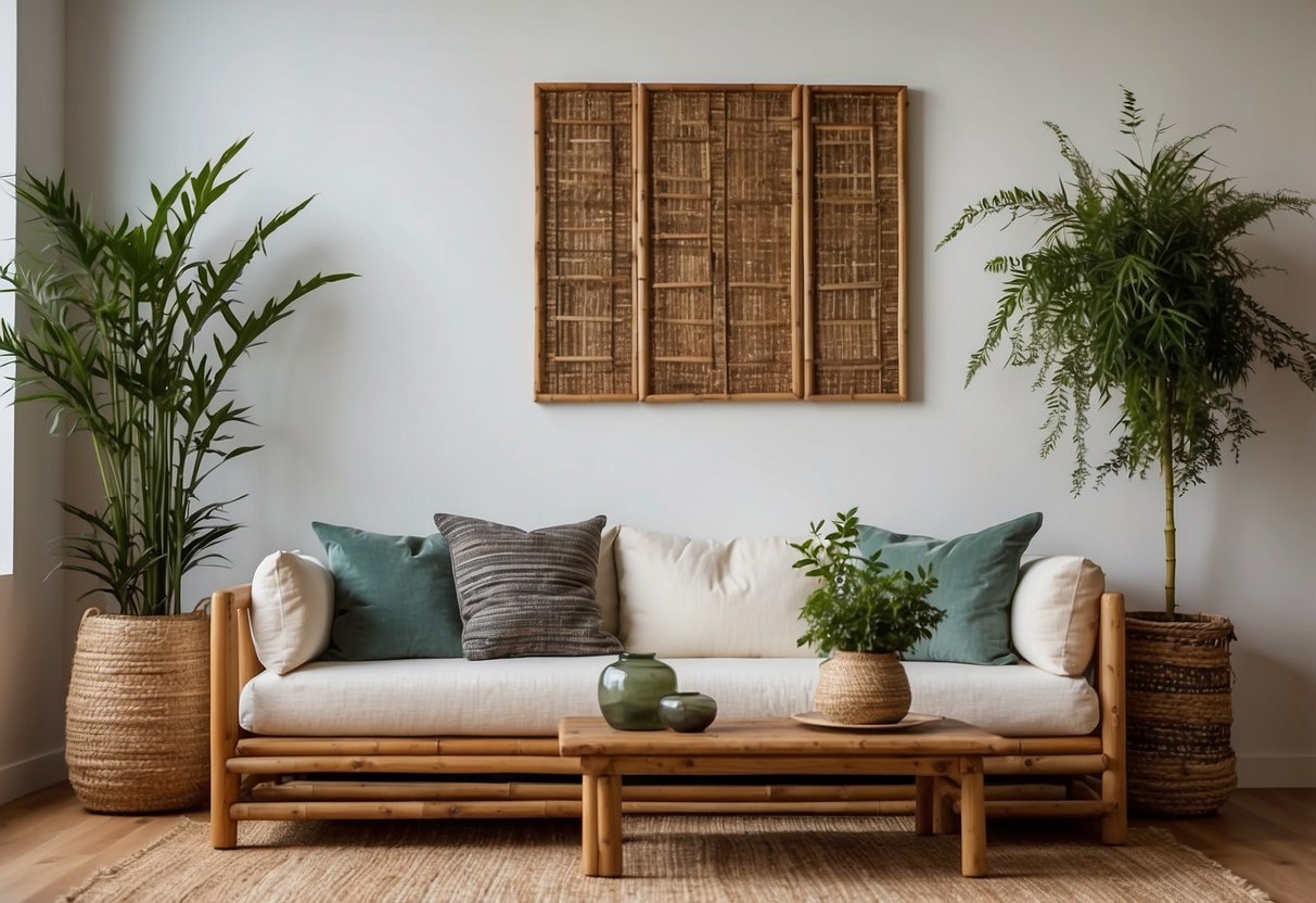 A living room with bamboo furniture, recycled glass vases, and a jute rug. A wall adorned with reclaimed wood frames and a hanging plant