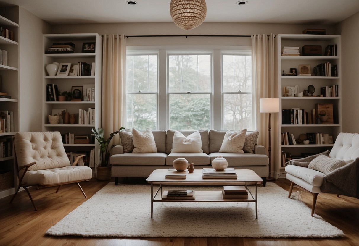 A cozy living room with a neutral color palette, a plush area rug, and a large statement mirror. A bookshelf filled with decorative knick-knacks and a comfortable reading chair complete the scene