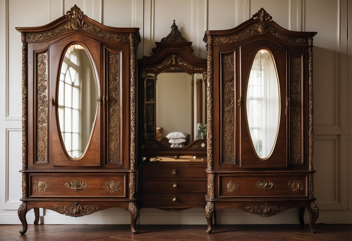 A vintage wardrobe stands against a wall, adorned with intricate carvings and brass handles. A large mirror is attached to the wardrobe door, reflecting the room's decor