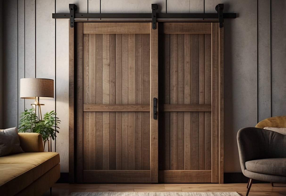 A weathered barn door serves as a closet in a rustic home decor setting, with vintage wardrobe items inside