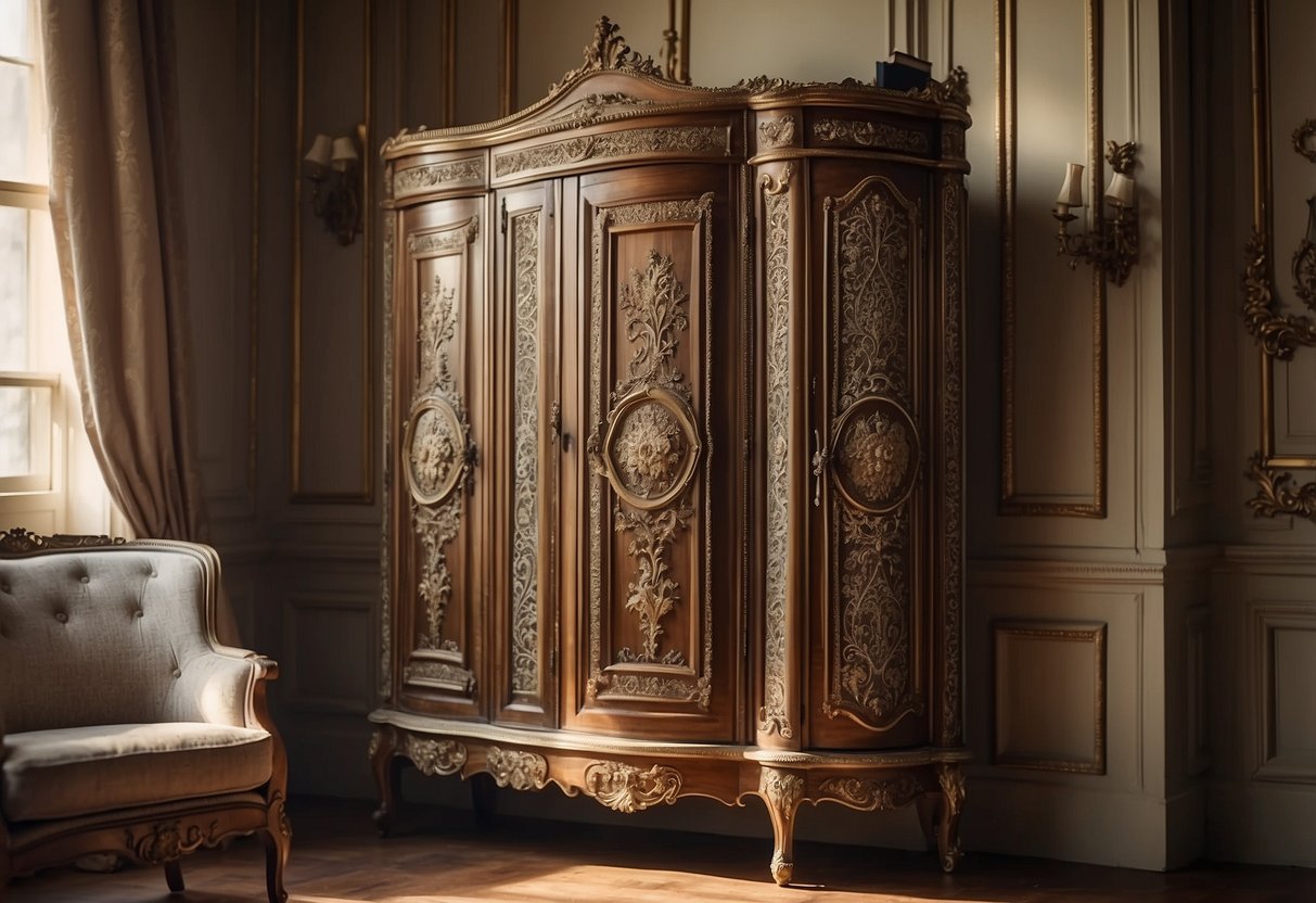 An ornate antique French wardrobe stands in a sunlit room, adorned with intricate carvings and brass hardware, surrounded by vintage home decor accents