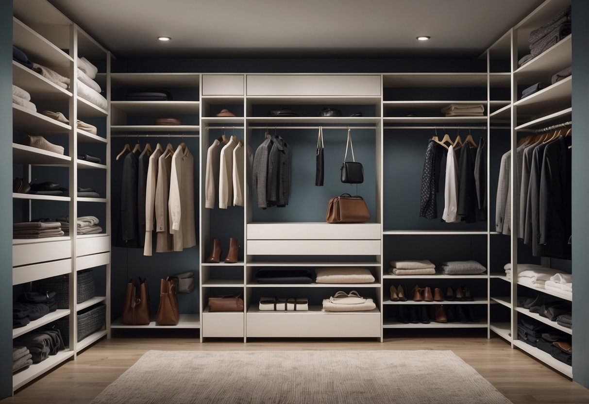 A sleek, open closet system with clean lines and minimalistic design. The wardrobe is organized with neatly folded clothes, hanging garments, and a few carefully curated accessories