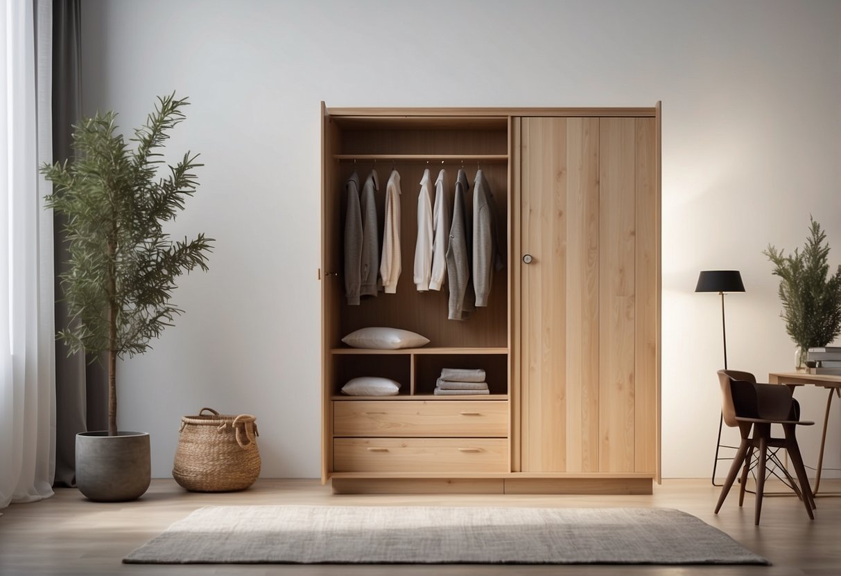 A sleek Scandinavian pine wardrobe stands against a white wall, adorned with minimalist decor and surrounded by soft lighting